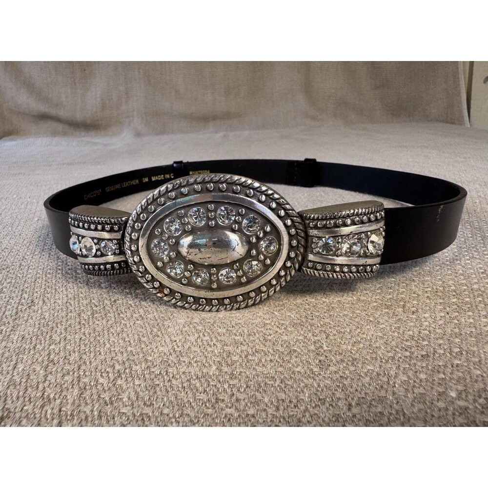 CHICOS leather belt "GEM STONE" southwestern black ONE SIZE adjustable BLING